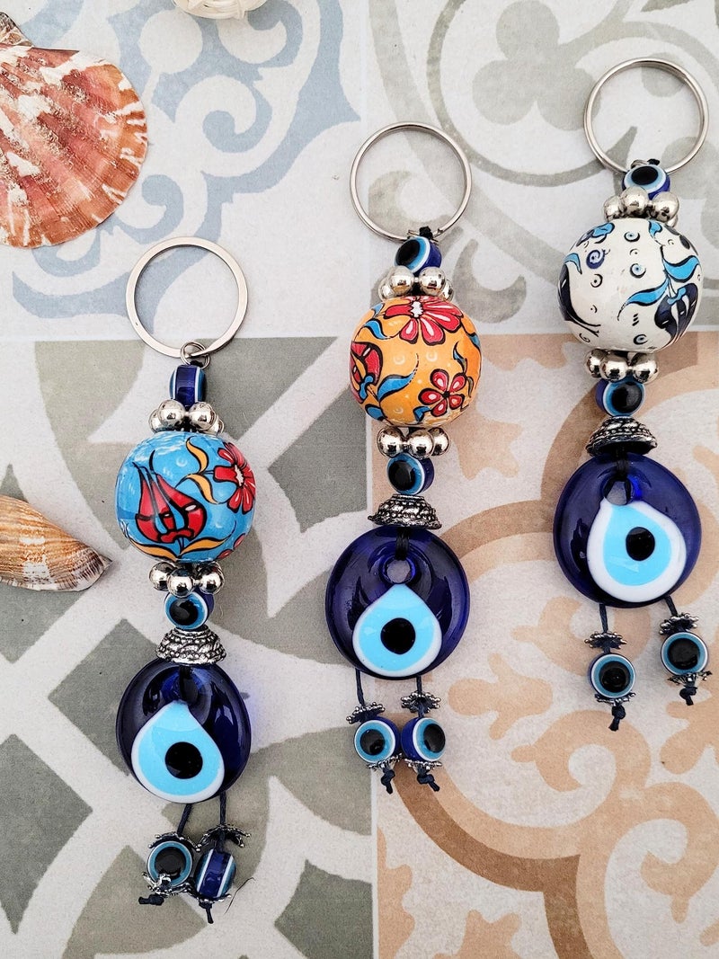 Erbulus Turkish Blue Evil Eye Keychain with Flower Patterned Ceramic Ball - Gift for Men or Women Set of 3 (Ceramic) - Image 3